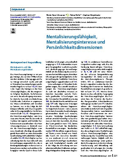 Vorschauseite 1: Mentalisierungsfähigkeit, Mentalisierungsinteresse und Persönlichkeitsdimensionen