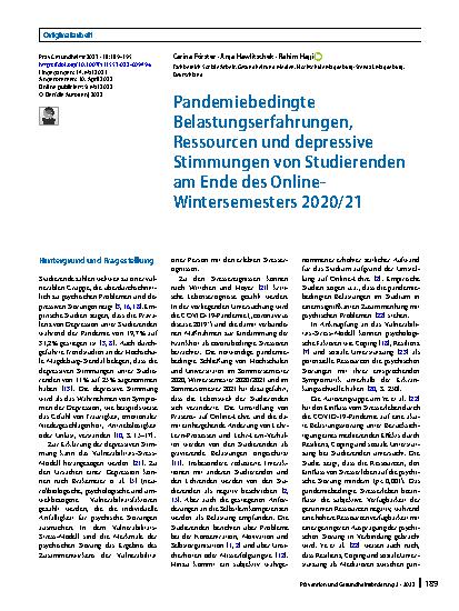 Vorschauseite 1: Pandemiebedingte Belastungserfahrungen, Ressourcen und depressive Stimmungen von Studierenden am Ende des Online-Wintersemesters 2020/21