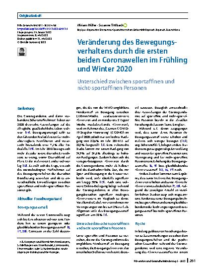Vorschauseite 1: Veränderung des Bewegungsverhaltens durch die ersten beiden Coronawellen im Frühling und Winter 2020