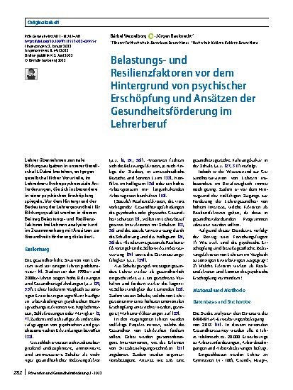 Vorschauseite 1: Belastungsund Resilienzfaktoren vor dem Hintergrund von psychischer Erschöpfung und Ansätzen der Gesundheitsförderung im Lehrerberuf