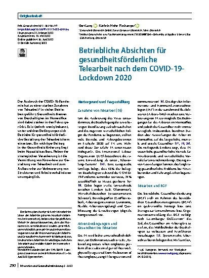 Vorschauseite 1: Betriebliche Absichten für gesundheitsförderliche Telearbeit nach dem COVID-19-Lockdown 2020