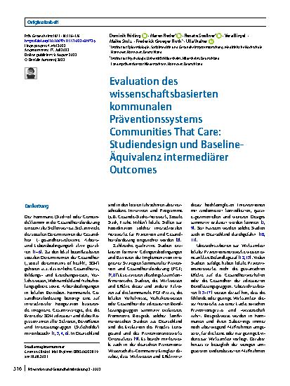 Vorschauseite 1: Evaluation des wissenschaftsbasierten kommunalen Präventionssystems Communities That Care: Studiendesign und Baseline-Äquivalenz intermediärer Outcomes