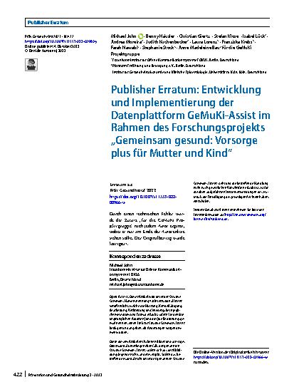 Vorschauseite 1: Publisher Erratum: Entwicklung und Implementierung der Datenplattform GeMuKi-Assist im Rahmen des Forschungsprojekts „Gemeinsam gesund: Vorsorge plus für Mutter und Kind“
