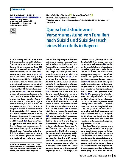 Vorschauseite 1: Querschnittstudie zum Versorgungsstand von Familien nach Suizid und Suizidversuch eines Elternteils in Bayern