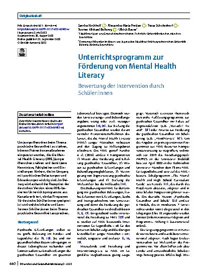 Vorschauseite 1: Unterrichtsprogramm zur Förderung von Mental Health Literacy