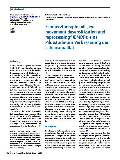 Vorschauseite 1: Schmerztherapie mit „eye movement desensitization and reprocessing“ (EMDR): eine Pilotstudie zur Verbesserung der Lebensqualität