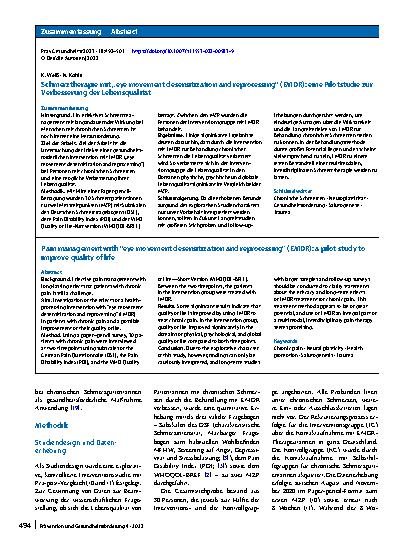 Vorschauseite 3: Schmerztherapie mit „eye movement desensitization and reprocessing“ (EMDR): eine Pilotstudie zur Verbesserung der Lebensqualität
