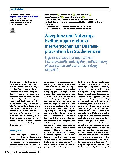 Vorschauseite 1: Akzeptanz und Nutzungsbedingungen digitaler Interventionen zur Distressprävention bei Studierenden