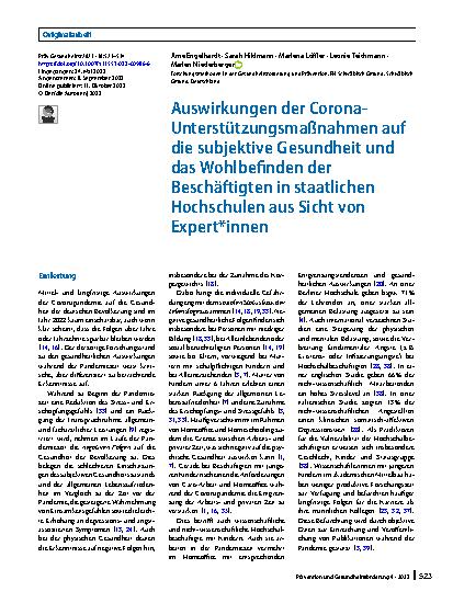 Vorschauseite 1: Auswirkungen der Corona-Unterstützungsmaßnahmen auf die subjektive Gesundheit und das Wohlbefinden der Beschäftigten in staatlichen Hochschulen aus Sicht von Expert*innen