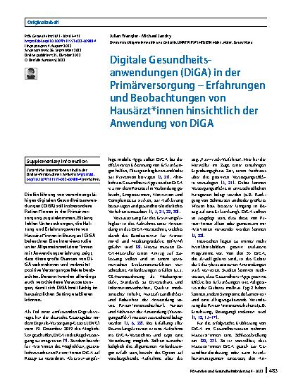 Vorschauseite 1: Digitale Gesundheitsanwendungen (DiGA) in der Primärversorgung – Erfahrungen und Beobachtungen von Hausärzt*innen hinsichtlich der Anwendung von DiGA