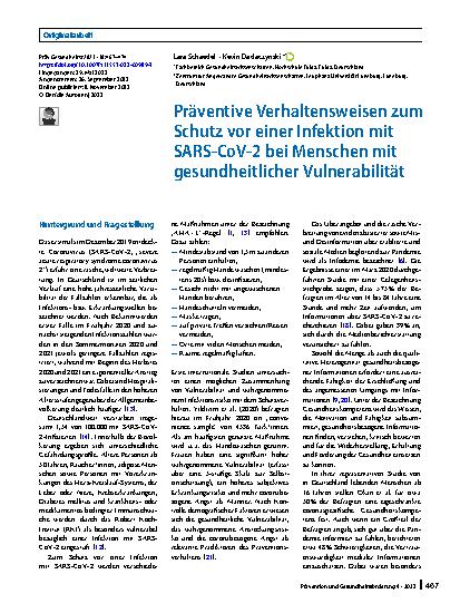 Vorschauseite 1: Präventive Verhaltensweisen zum Schutz vor einer Infektion mit SARS-CoV-2 bei Menschen mit gesundheitlicher Vulnerabilität