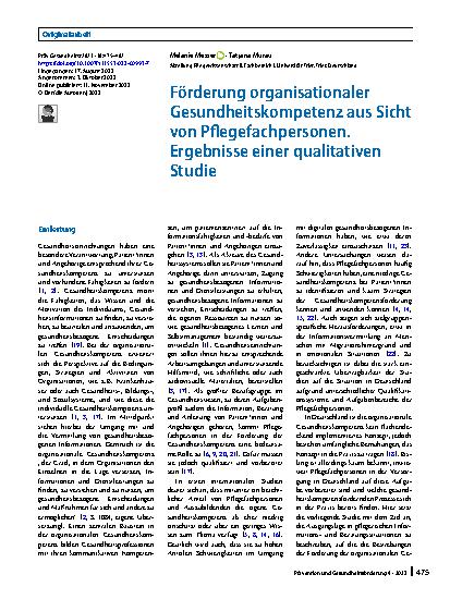 Vorschauseite 1: Förderung organisationaler Gesundheitskompetenz aus Sicht von Pflegefachpersonen. Ergebnisse einer qualitativen Studie
