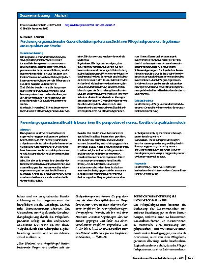 Vorschauseite 3: Förderung organisationaler Gesundheitskompetenz aus Sicht von Pflegefachpersonen. Ergebnisse einer qualitativen Studie