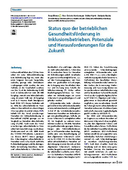Vorschauseite 1: Status quo der betrieblichen Gesundheitsförderung in Inklusionsbetrieben. Potenziale und Herausforderungen für die Zukunft