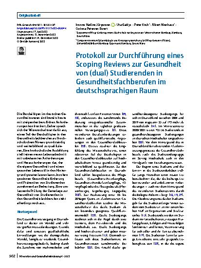 Vorschauseite 1: Protokoll zur Durchführung eines Scoping Reviews zur Gesundheit von (dual) Studierenden in Gesundheitsfachberufen im deutschsprachigen Raum