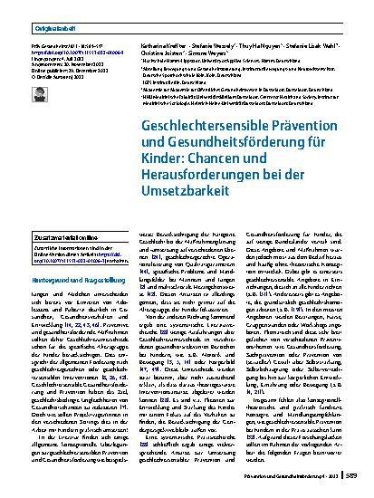 Vorschauseite 1: Geschlechtersensible Prävention und Gesundheitsförderung für Kinder: Chancen und Herausforderungen bei der Umsetzbarkeit