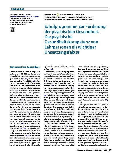 Vorschauseite 1: Schulprogramme zur Förderung der psychischen Gesundheit. Die psychische Gesundheitskompetenz von Lehrpersonen als wichtiger Umsetzungsfaktor