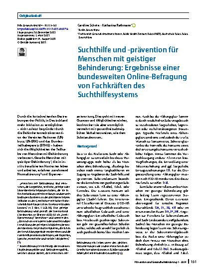 Vorschauseite 1: Suchthilfe und -prävention für Menschen mit geistiger Behinderung: Ergebnisse einer bundesweiten Online-Befragung von Fachkräften des Suchthilfesystems