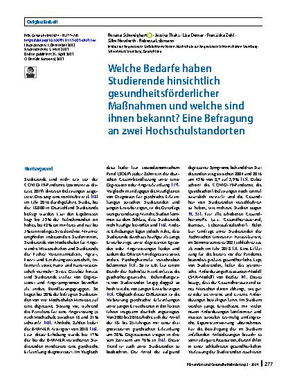 Vorschauseite 1: Welche Bedarfe haben Studierende hinsichtlich gesundheitsförderlicher Maßnahmen und welche sind ihnen bekannt? Eine Befragung an zwei Hochschulstandorten