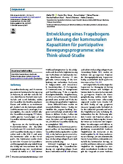 Vorschauseite 1: Entwicklung eines Fragebogens zur Messung der kommunalen Kapazitäten für partizipative Bewegungsprogramme: eine Think-aloud-Studie