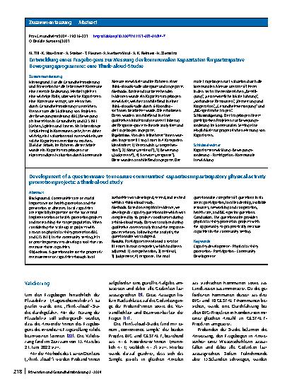 Vorschauseite 3: Entwicklung eines Fragebogens zur Messung der kommunalen Kapazitäten für partizipative Bewegungsprogramme: eine Think-aloud-Studie