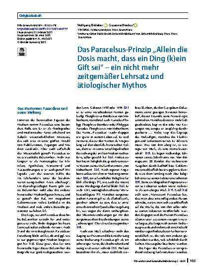 Vorschauseite 1: Das Paracelsus-Prinzip „Allein die Dosis macht, dass ein Ding (k)ein Gift sei“ – ein nicht mehr zeitgemäßer Lehrsatz und ätiologischer Mythos