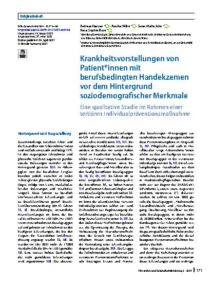 Vorschauseite 1: Krankheitsvorstellungen von Patient*innen mit berufsbedingten Handekzemen vor dem Hintergrund soziodemografischer Merkmale