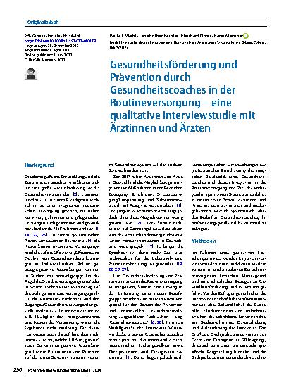 Vorschauseite 1: Gesundheitsförderung und Prävention durch Gesundheitscoaches in der Routineversorgung – eine qualitative Interviewstudie mit Ärztinnen und Ärzten