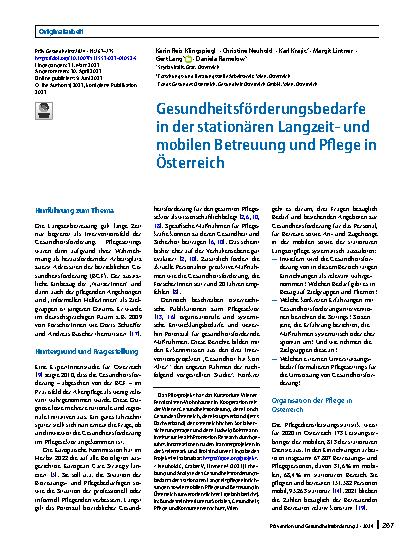 Vorschauseite 1: Gesundheitsförderungsbedarfe in der stationären Langzeitund mobilen Betreuung und Pflege in Österreich