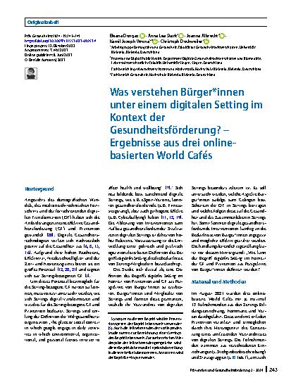 Vorschauseite 1: Was verstehen Bürger*innen unter einem digitalen Setting im Kontext der Gesundheitsförderung? – Ergebnisse aus drei online-basierten World Cafés