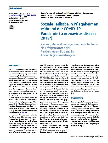 Vorschauseite 1: Soziale Teilhabe in Pflegeheimen während der COVID-19-Pandemie („coronavirus disease 2019“)