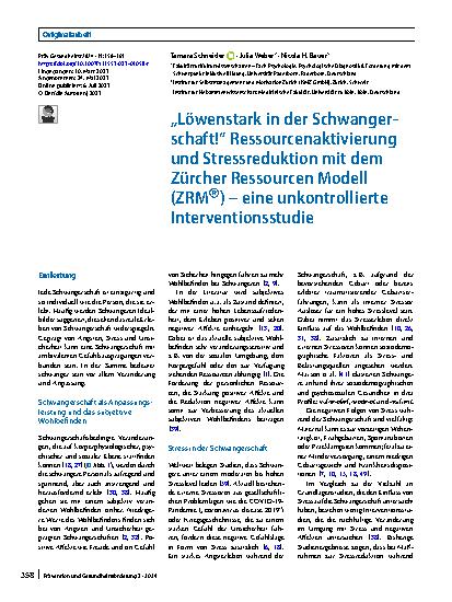 Vorschauseite 1: „Löwenstark in der Schwangerschaft!“ Ressourcenaktivierung und Stressreduktion mit dem Zürcher Ressourcen Modell (ZRM®) – eine unkontrollierte Interventionsstudie