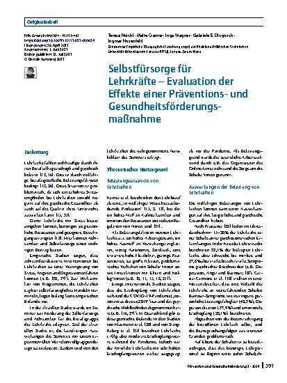 Vorschauseite 1: Selbstfürsorge für Lehrkräfte – Evaluation der Effekte einer Präventionsund Gesundheitsförderungsmaßnahme