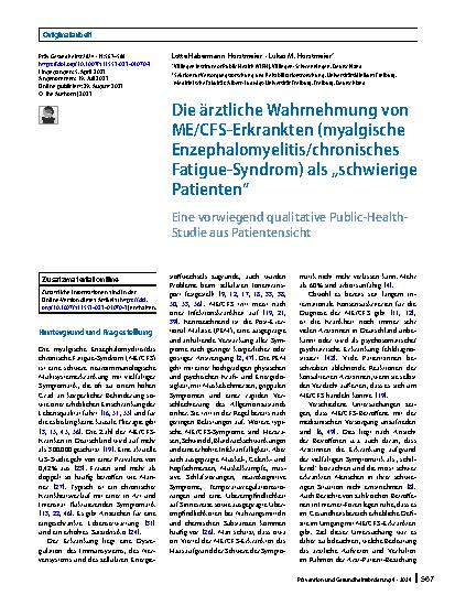 Vorschauseite 1: Die ärztliche Wahrnehmung von ME/CFS-Erkrankten (myalgische Enzephalomyelitis/chronisches Fatigue-Syndrom) als „schwierige Patienten“
