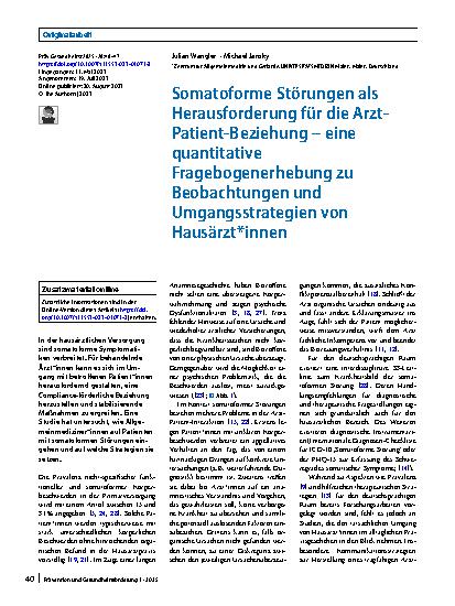 Vorschauseite 1: Somatoforme Störungen als Herausforderung für die Arzt-Patient-Beziehung – eine quantitative Fragebogenerhebung zu Beobachtungen und Umgangsstrategien von Hausärzt*innen