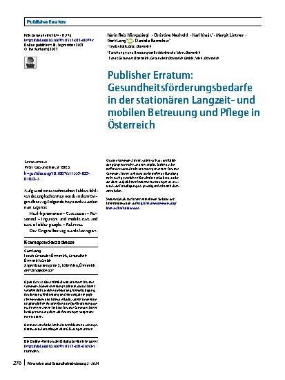 Vorschauseite 1: Publisher Erratum: Gesundheitsförderungsbedarfe in der stationären Langzeitund mobilen Betreuung und Pflege in Österreich