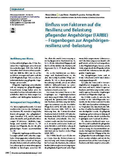 Vorschauseite 1: Einfluss von Faktoren auf die Resilienz und Belastung pflegender Angehöriger (FARBE) – Fragenbogen zur Angehörigenresilienz und -﻿belastung