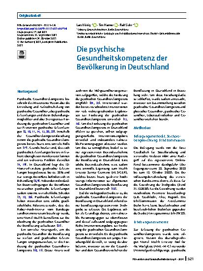Vorschauseite 1: Die psychische Gesundheitskompetenz der Bevölkerung in Deutschland
