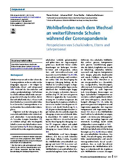 Vorschauseite 1: Wohlbefinden nach dem Wechsel an weiterführende Schulen während der Coronapandemie