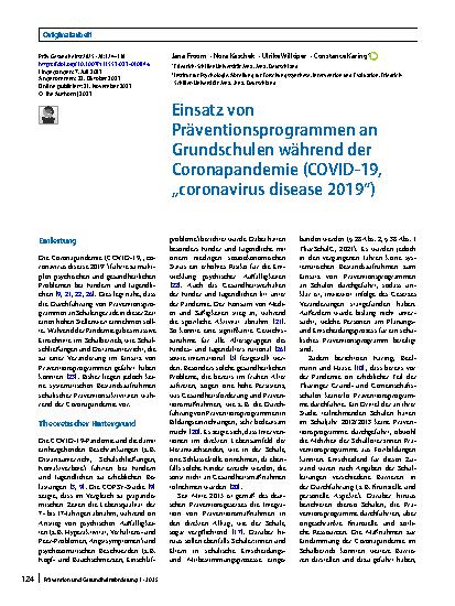 Vorschauseite 1: Einsatz von Präventionsprogrammen an Grundschulen während der Coronapandemie (COVID-19, „coronavirus disease 2019“)
