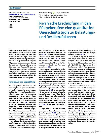 Vorschauseite 1: Psychische Erschöpfung in den Pflegeberufen: eine quantitative Querschnittstudie zu Belastungsund Resilienzfaktoren