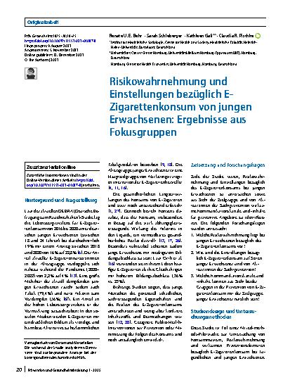 Vorschauseite 1: Risikowahrnehmung und Einstellungen bezüglich E-Zigarettenkonsum von jungen Erwachsenen: Ergebnisse aus Fokusgruppen