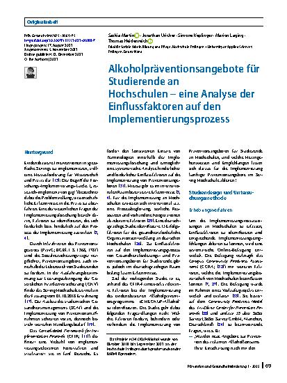 Vorschauseite 1: Alkoholpräventionsangebote für Studierende an Hochschulen – eine Analyse der Einflussfaktoren auf den Implementierungsprozess