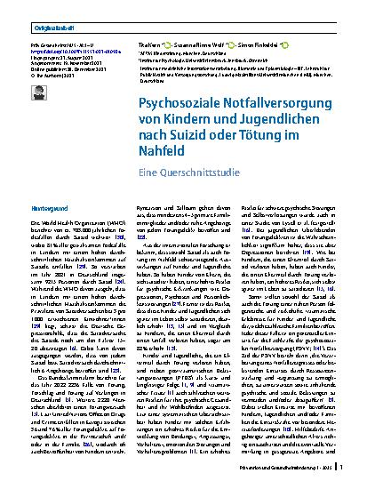 Vorschauseite 1: Psychosoziale Notfallversorgung von Kindern und Jugendlichen nach Suizid oder Tötung im Nahfeld