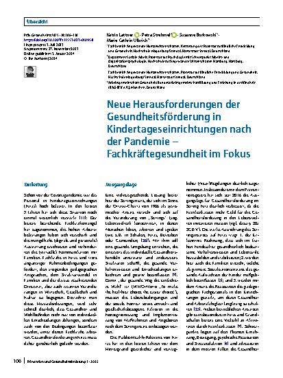 Vorschauseite 1: Neue Herausforderungen der Gesundheitsförderung in Kindertageseinrichtungen nach der Pandemie – Fachkräftegesundheit im Fokus