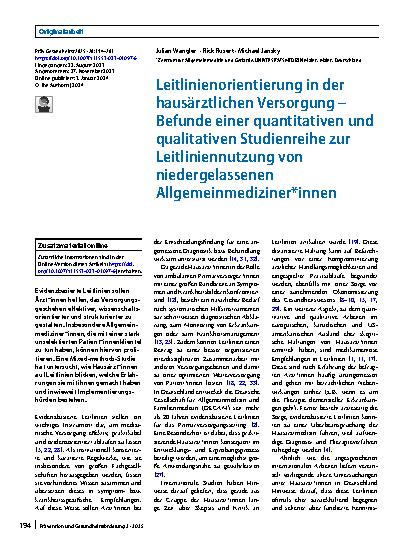 Vorschauseite 1: Leitlinienorientierung in der hausärztlichen Versorgung – Befunde einer quantitativen und qualitativen Studienreihe zur Leitliniennutzung von niedergelassenen Allgemeinmediziner*i…