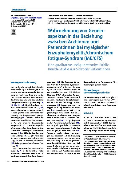 Vorschauseite 1: Wahrnehmung von Genderaspekten in der Beziehung zwischen Ärzt:innen und Patient:innen bei myalgischer Enzephalomyelitis/chronischem Fatigue-Syndrom (ME/CFS)
