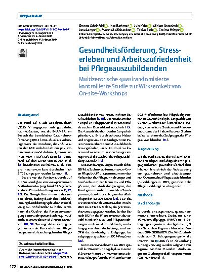 Vorschauseite 1: Gesundheitsförderung, Stresserleben und Arbeitszufriedenheit bei Pflegeauszubildenden