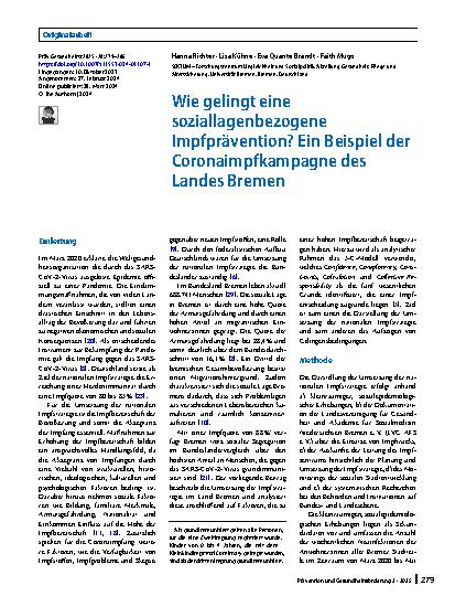 Vorschauseite 1: Wie gelingt eine soziallagenbezogene Impfprävention? Ein Beispiel der Coronaimpfkampagne des Landes Bremen
