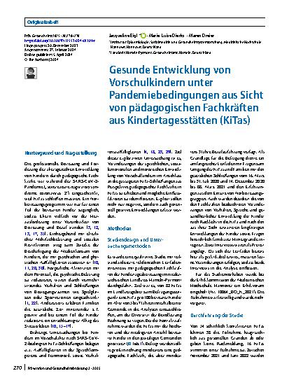 Vorschauseite 1: Gesunde Entwicklung von Vorschulkindern unter Pandemiebedingungen aus Sicht von pädagogischen Fachkräften aus Kindertagesstätten (KiTas)
